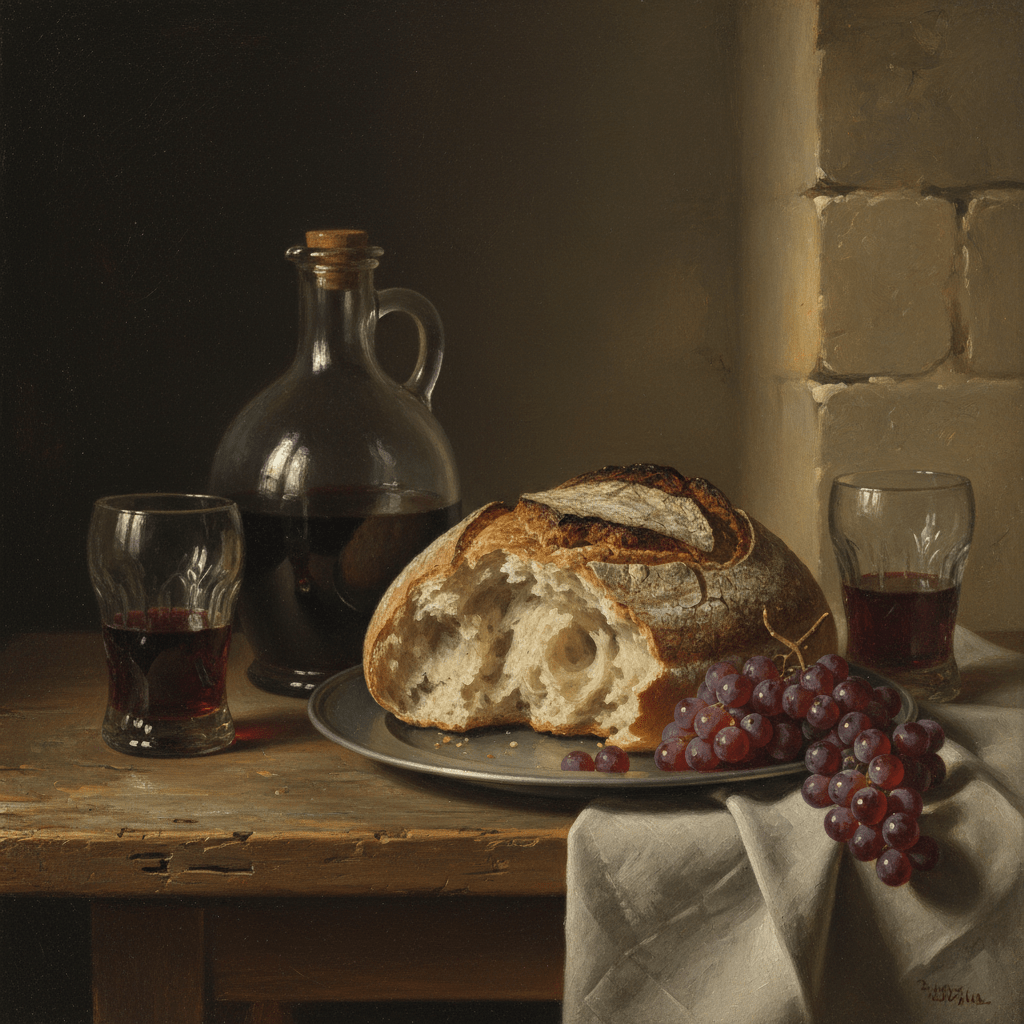 Still life painting of crusty bread, red grapes, and wine on a wooden table.