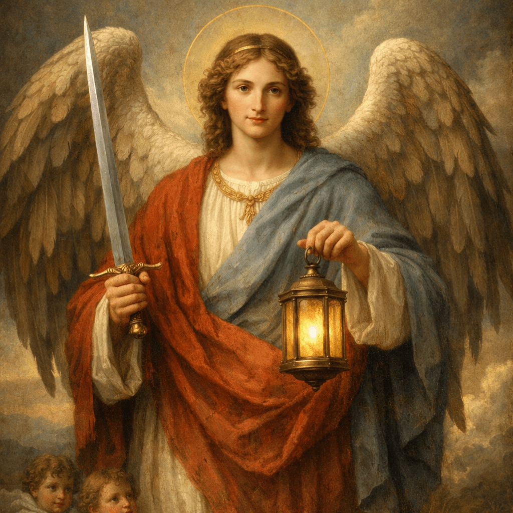 Archangel with golden hair holding a sword in one hand and a lantern in the other