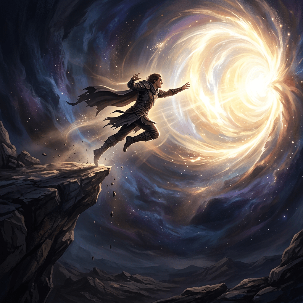 A warrior in armor leaps off a cliff reaching toward a glowing swirling cosmic portal in space.