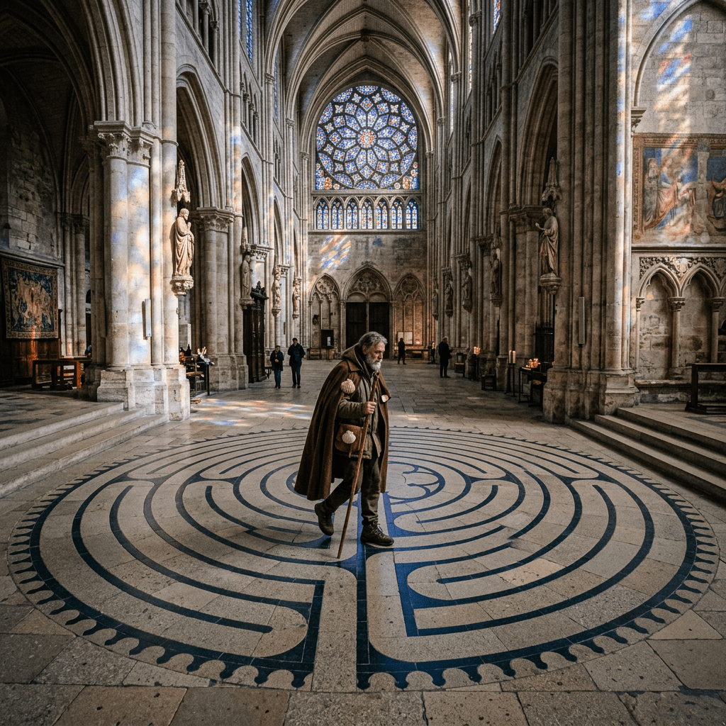 Pilgrim walking with staff on labyrinth floor pattern inside Gothic cathedral