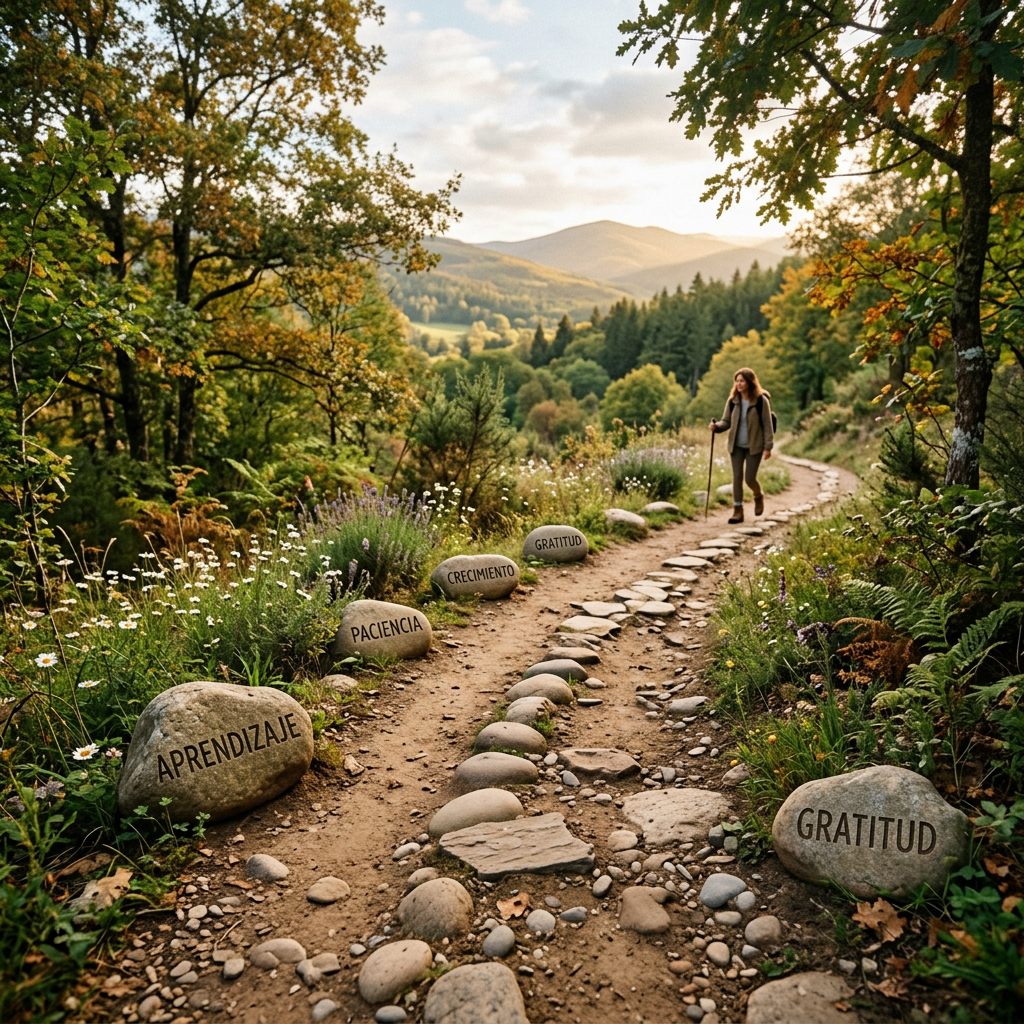 Trail with stones labeled aprendizaje, paciencia, crecimiento, gratitud alongside a hiker