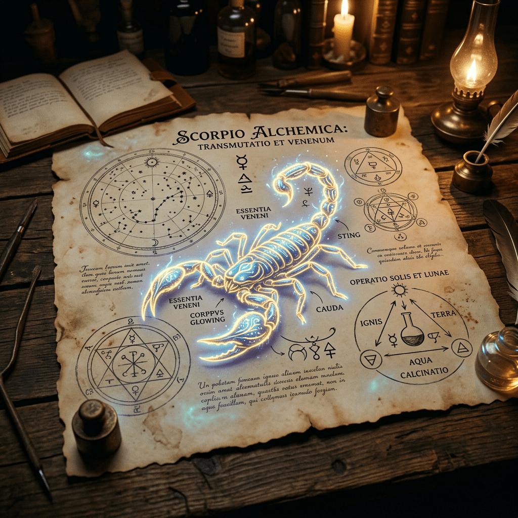 Alchemical parchment featuring glowing Scorpio illustration surrounded by astrological and alchemical diagrams